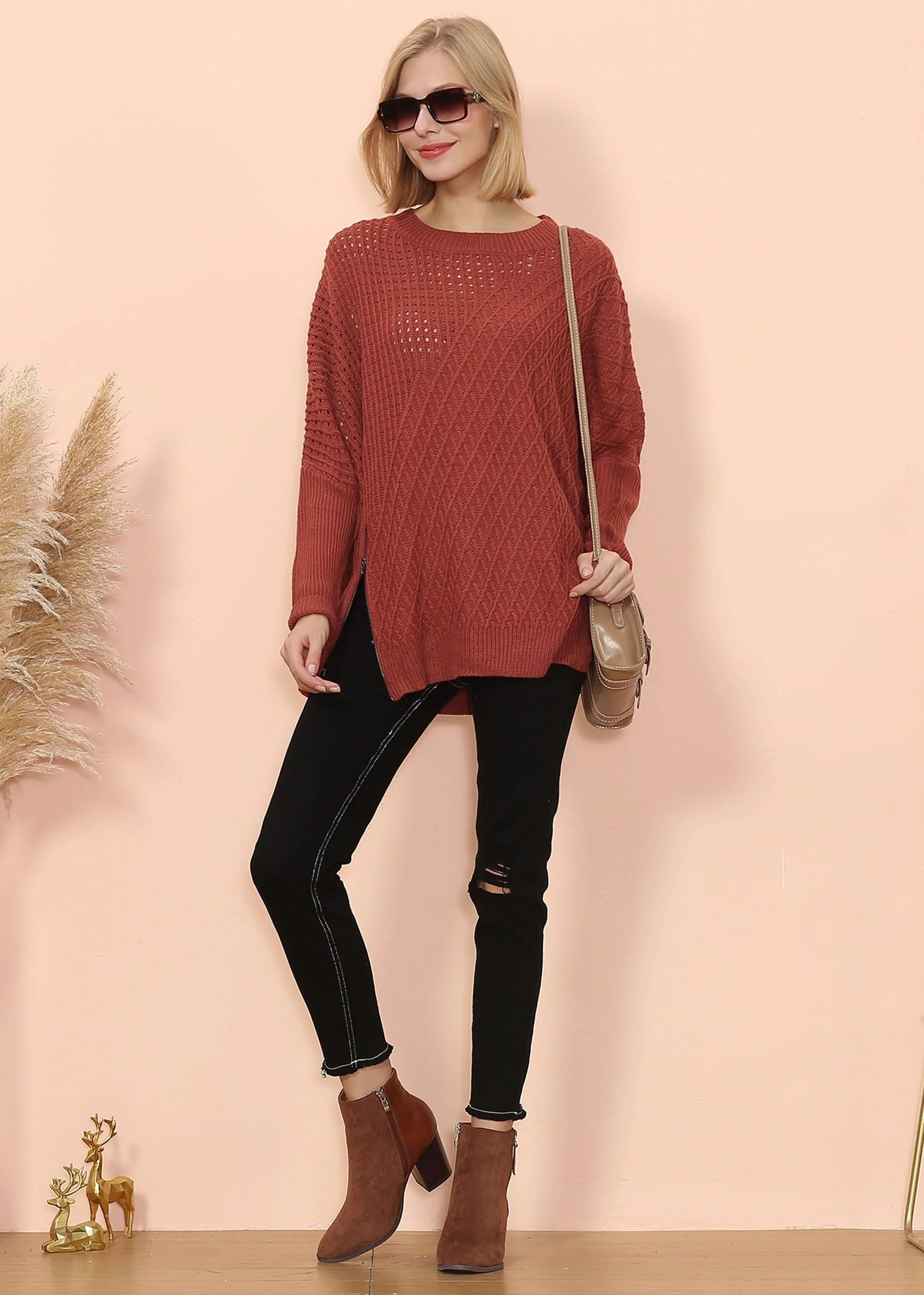 Mixed Knit Zipper Slit Sweater - Image 6