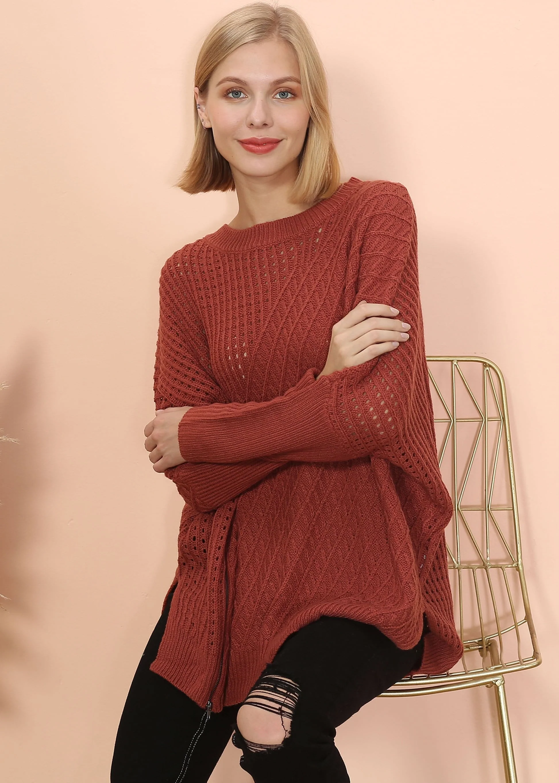 Mixed Knit Zipper Slit Sweater - Image 9