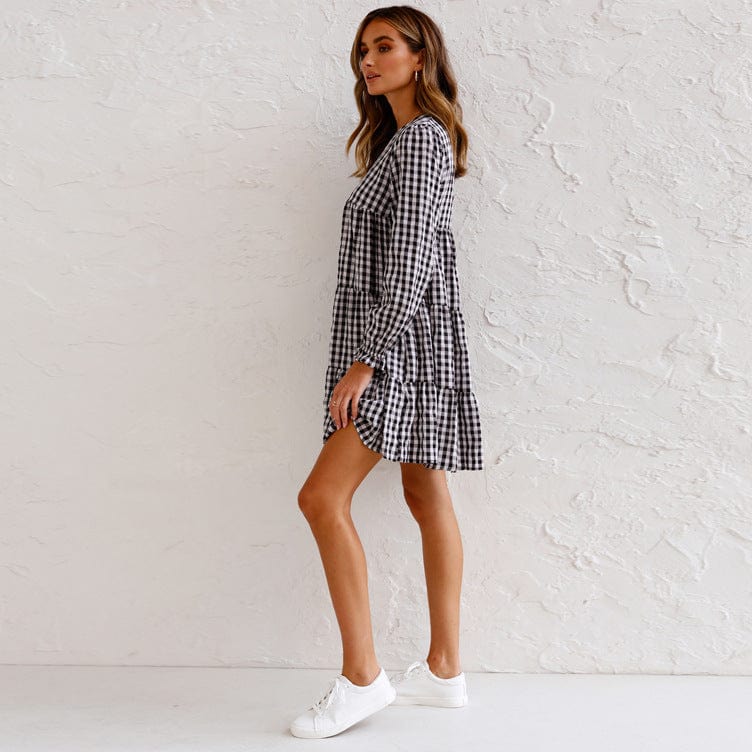 Mixed Printer Checker Soft Ruffle Dress - Image 52