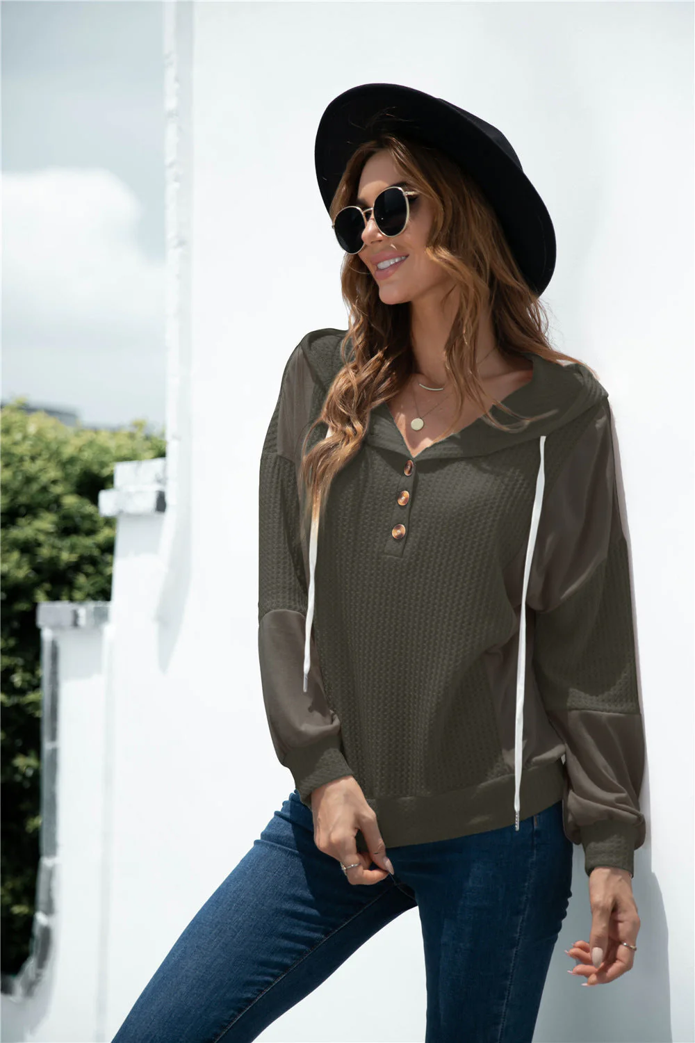 Mixed Tone Knit Button Hoodie - Image 11