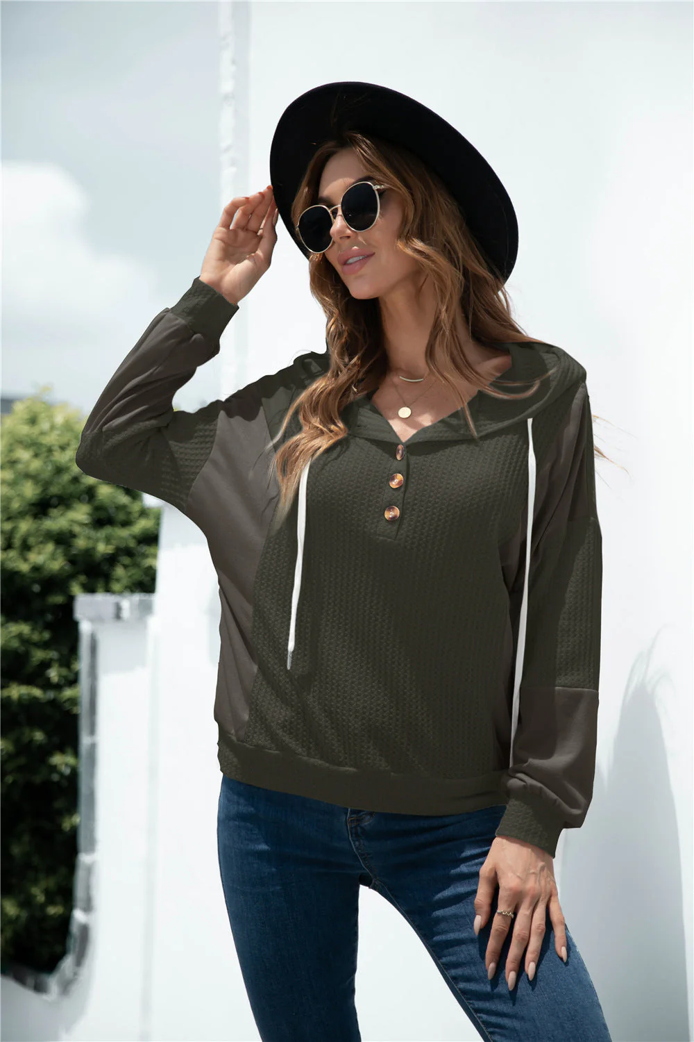 Mixed Tone Knit Button Hoodie - Image 12