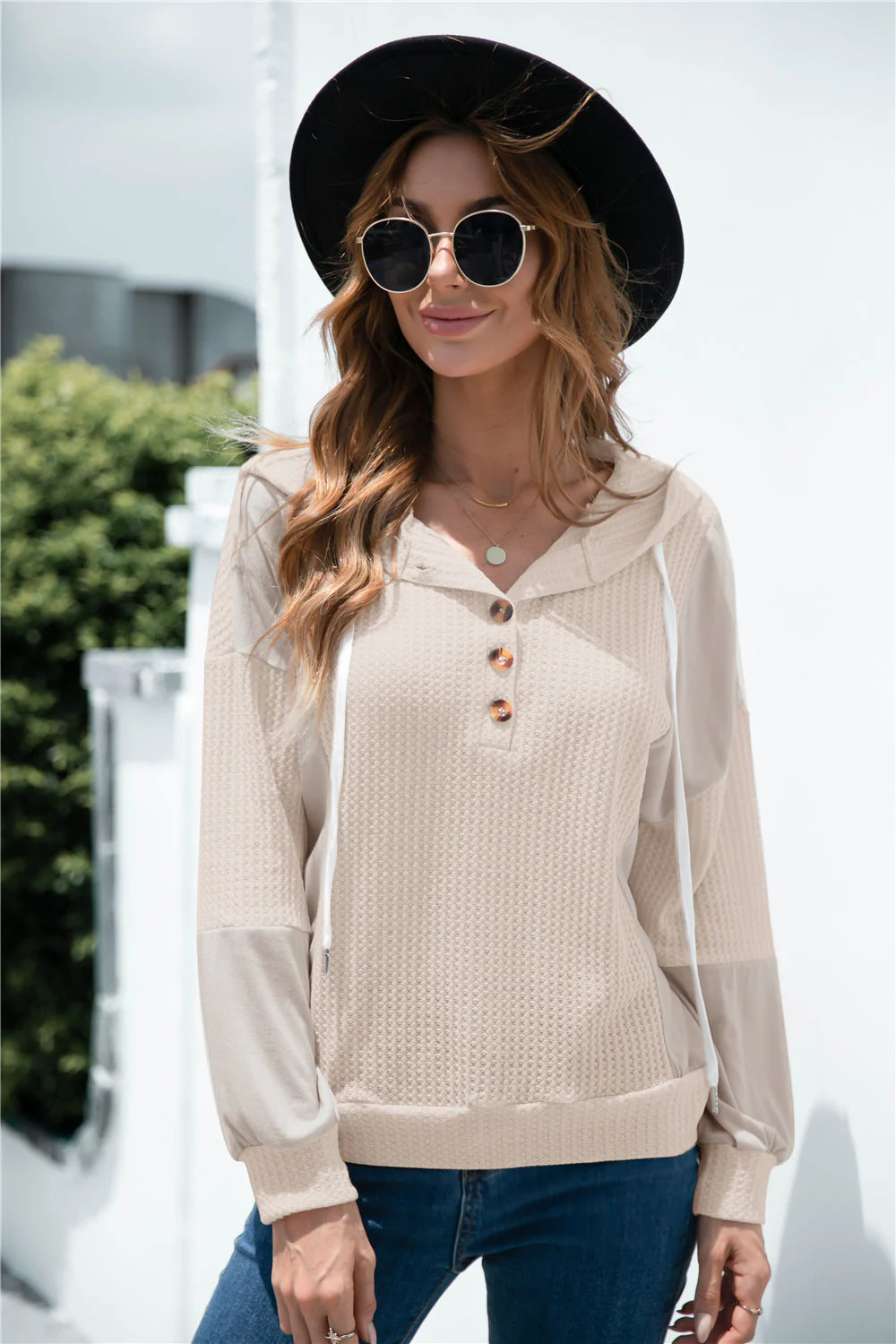 Mixed Tone Knit Button Hoodie - Image 15