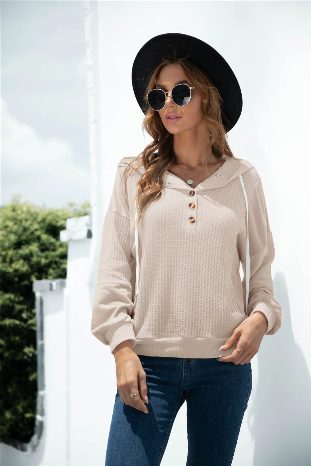 Mixed Tone Knit Button Hoodie - Image 16
