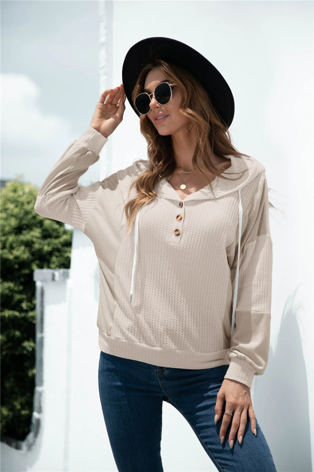Mixed Tone Knit Button Hoodie - Image 17
