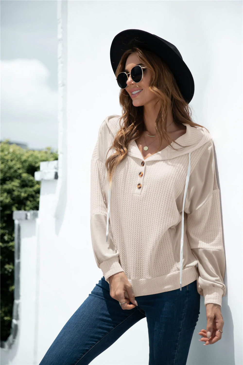 Mixed Tone Knit Button Hoodie - Image 18
