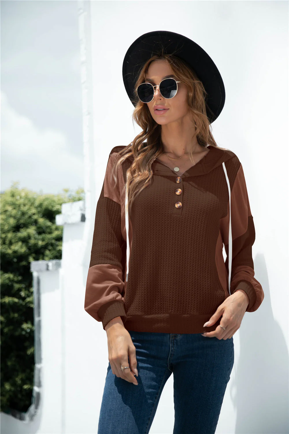 Mixed Tone Knit Button Hoodie - Image 3