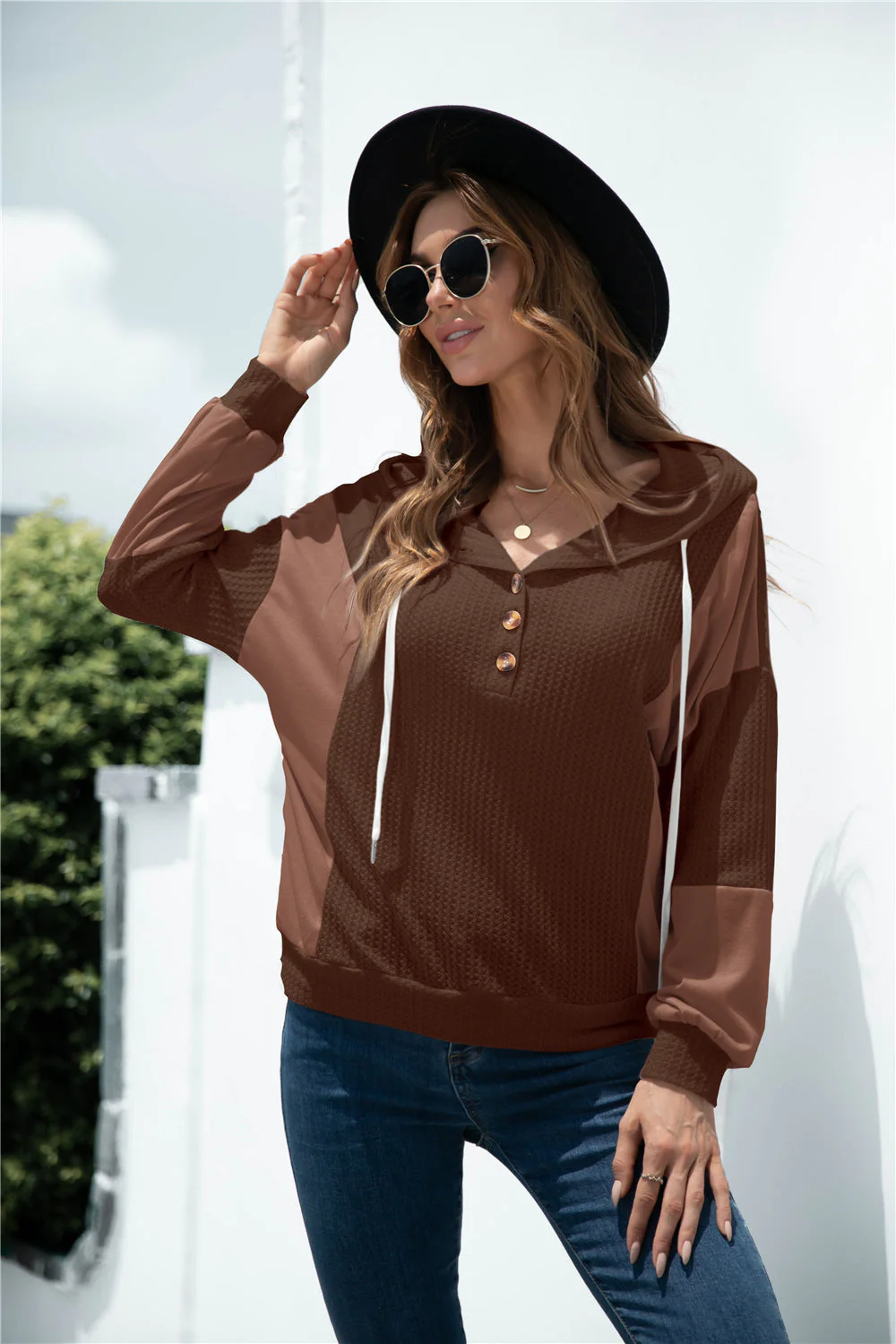 Mixed Tone Knit Button Hoodie - Image 4