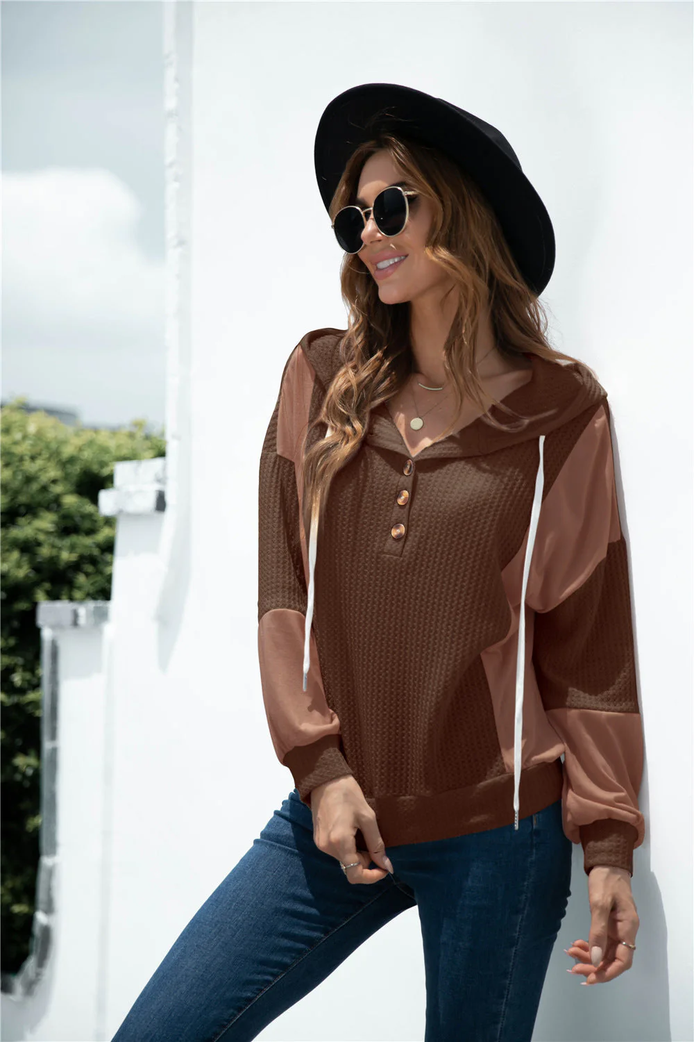 Mixed Tone Knit Button Hoodie - Image 6