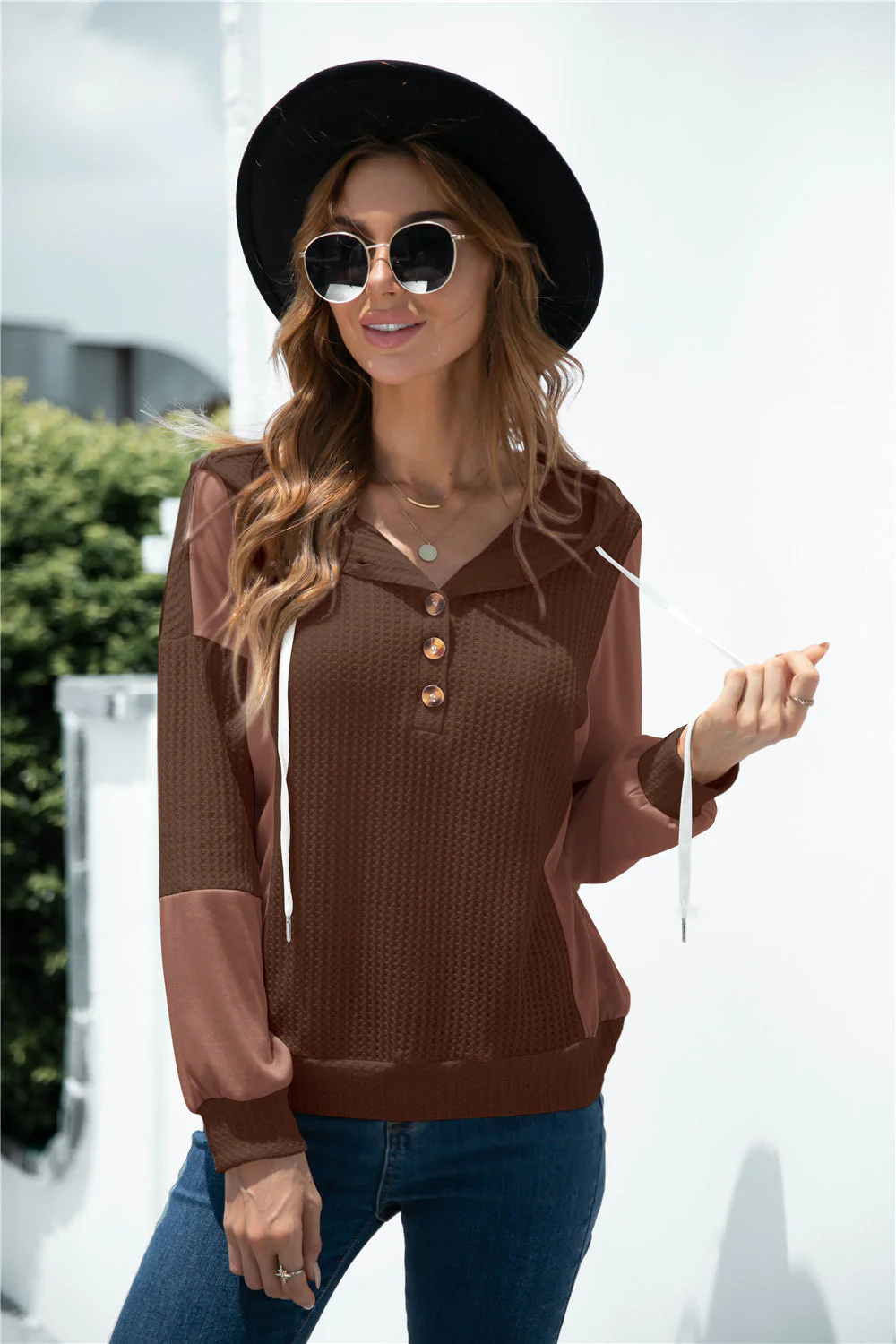Mixed Tone Knit Button Hoodie - Image 7