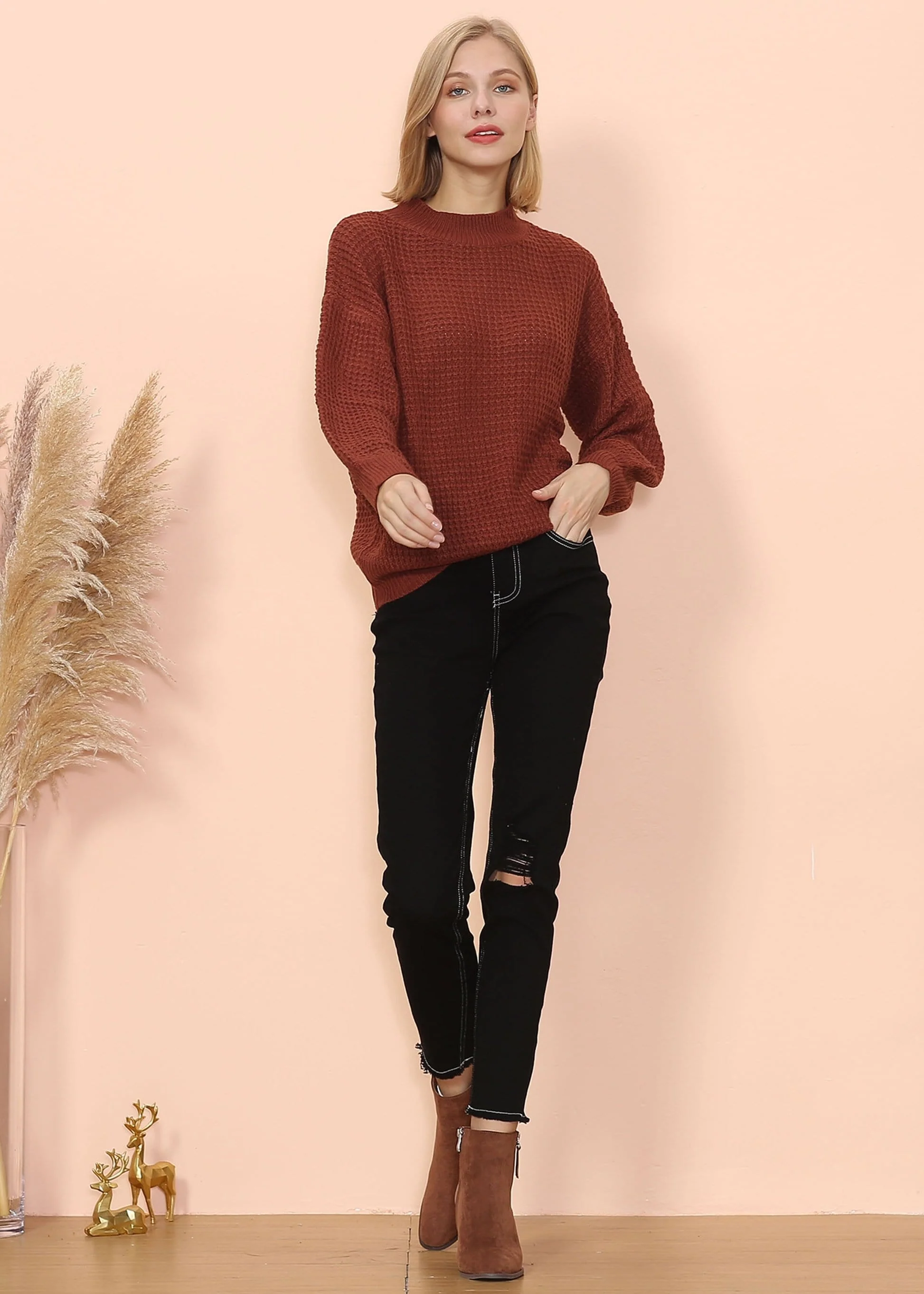 Mock Neck Waffle Knit Sweater - Image 10