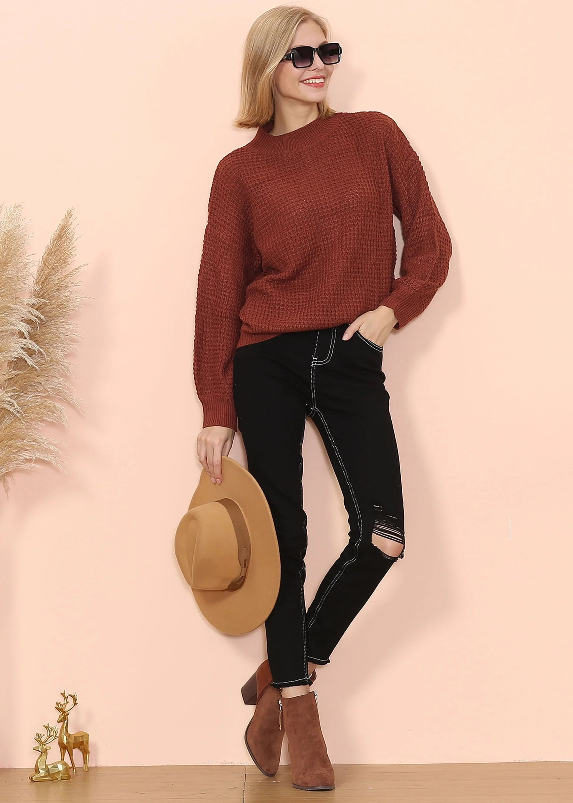 Mock Neck Waffle Knit Sweater - Image 4