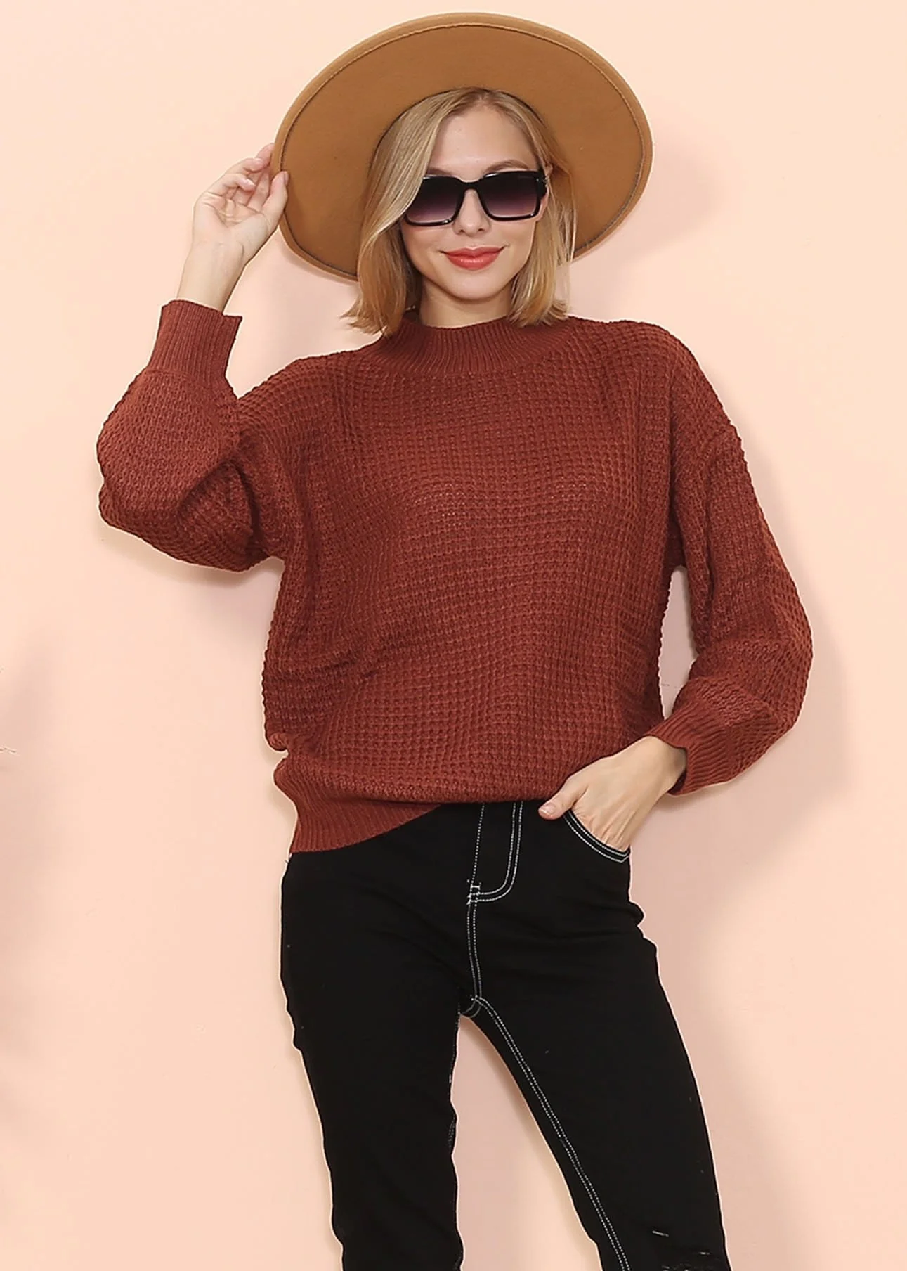 Mock Neck Waffle Knit Sweater - Image 5