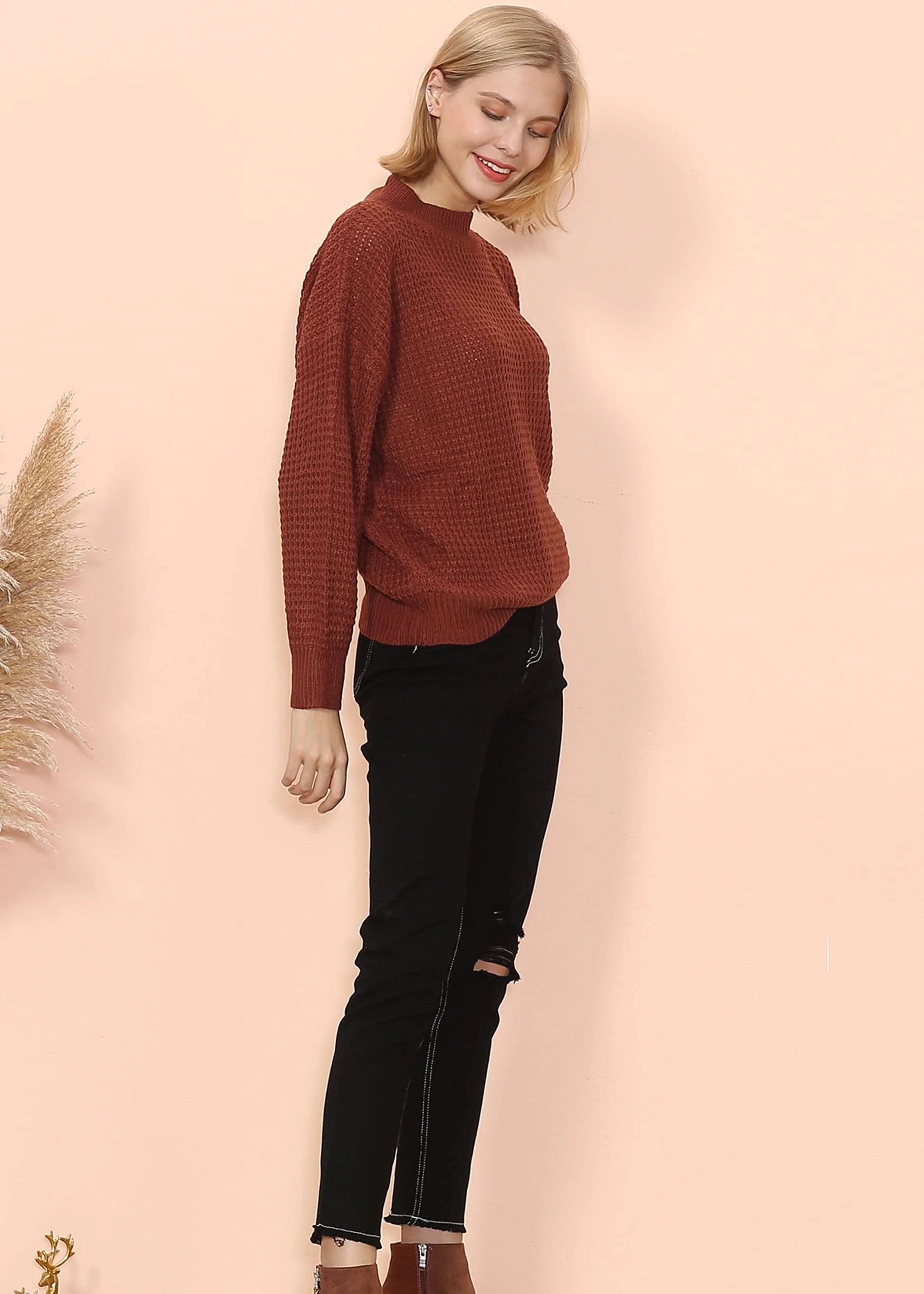 Mock Neck Waffle Knit Sweater - Image 6
