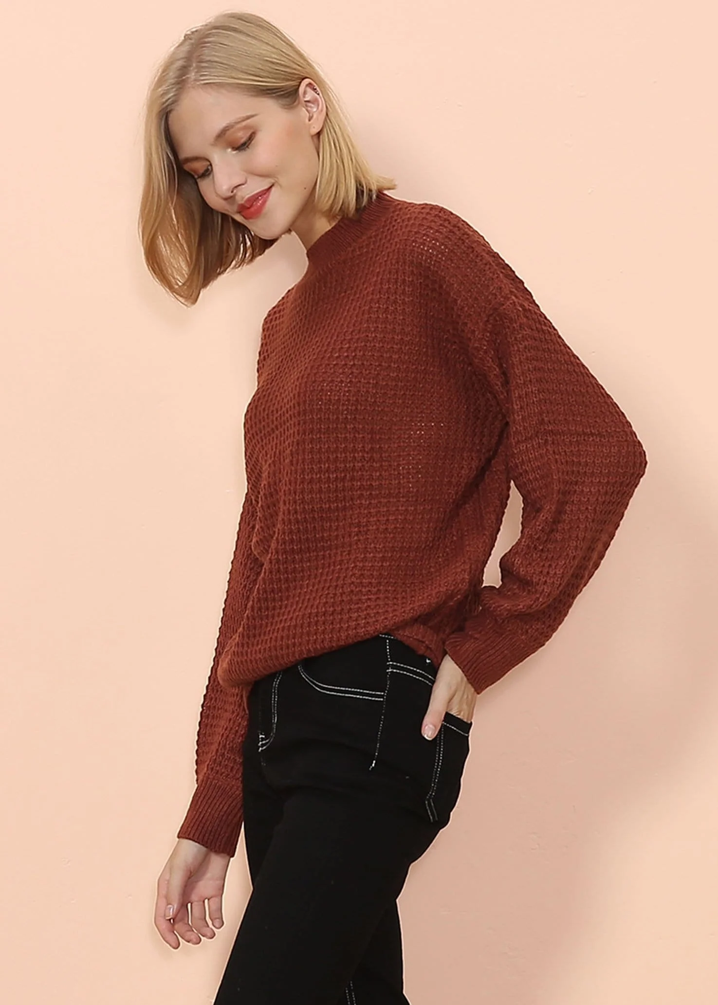 Mock Neck Waffle Knit Sweater - Image 8