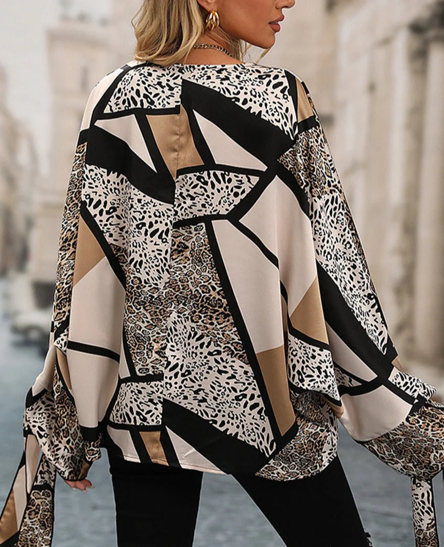 Multi Abstract Print Tie Cuff Blouse - Image 4