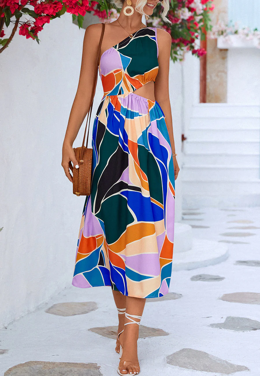 Multicolor Abstract One Shoulder Dress - Image 4