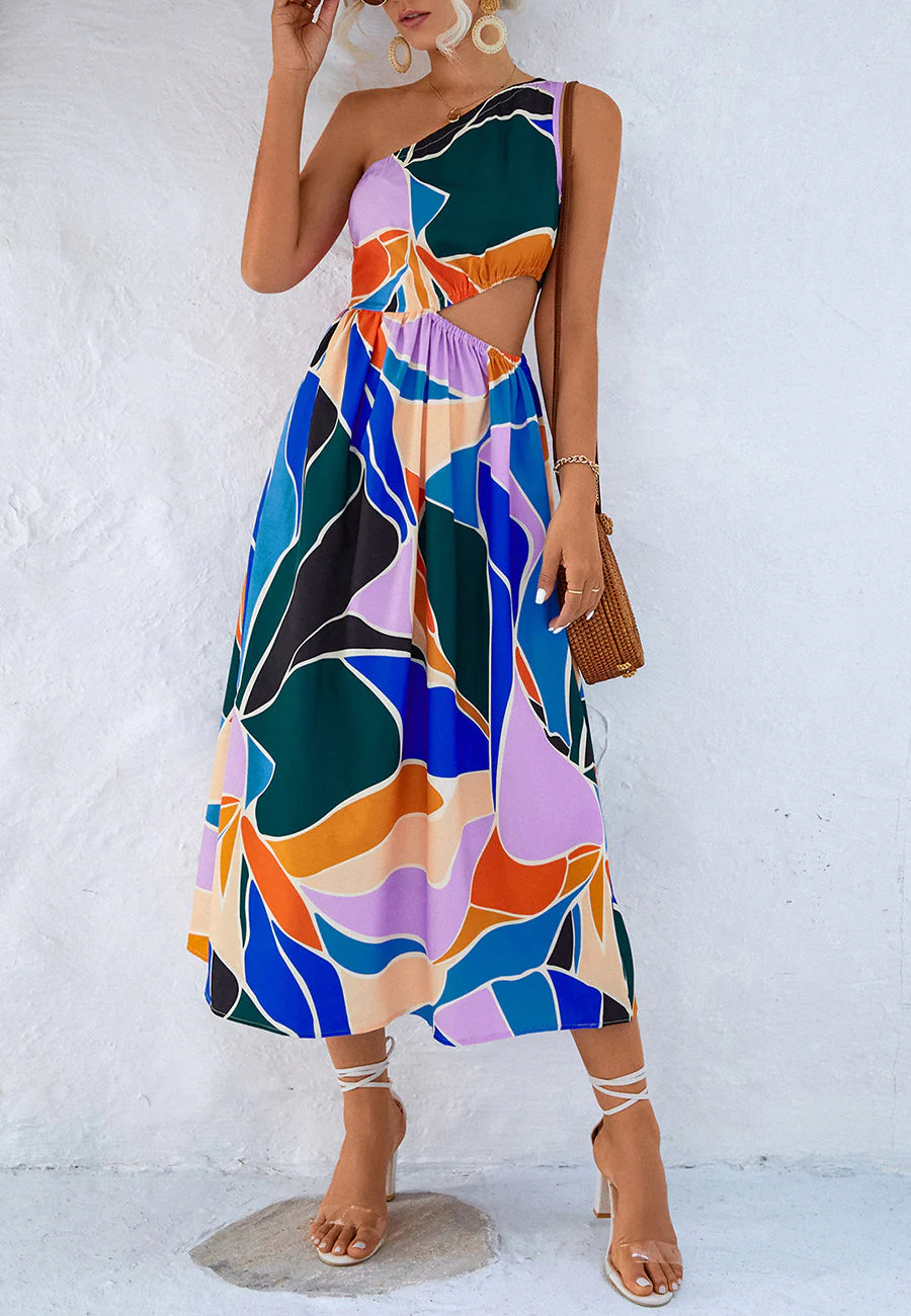 Multicolor Abstract One Shoulder Dress - Image 5