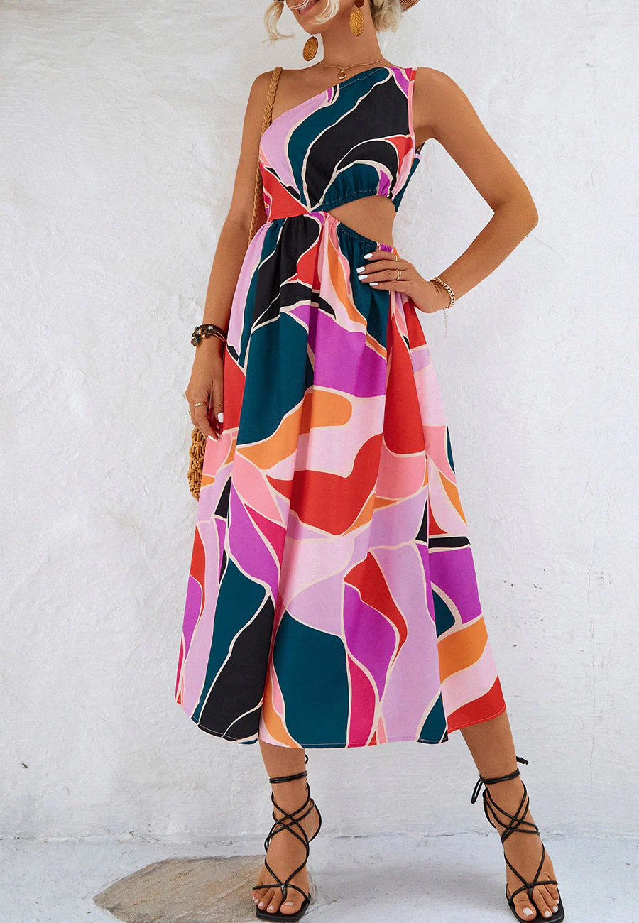 Multicolor Abstract One Shoulder Dress - Image 7