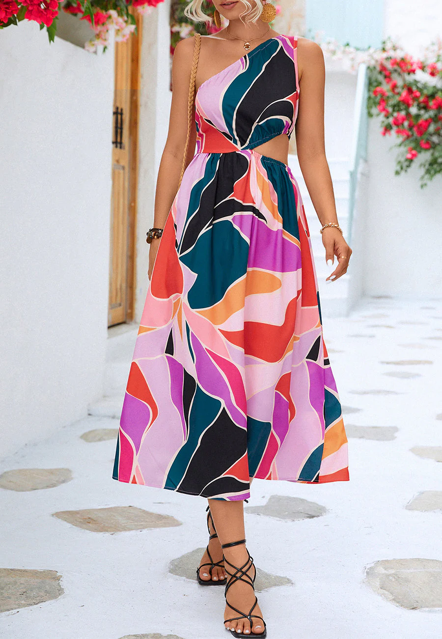 Multicolor Abstract One Shoulder Dress - Image 9