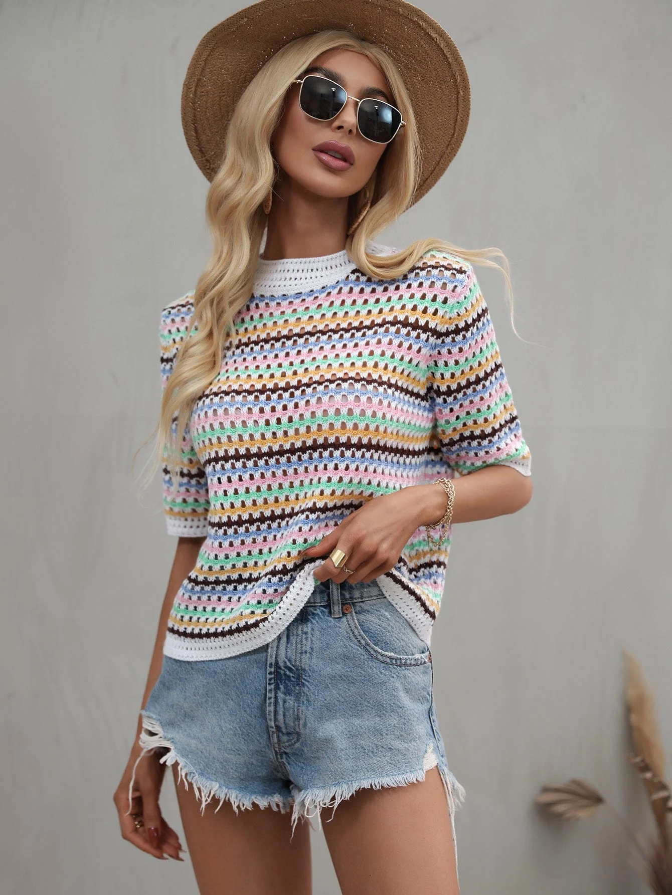 Multicolor Eyelet Knit Blouse - Image 10