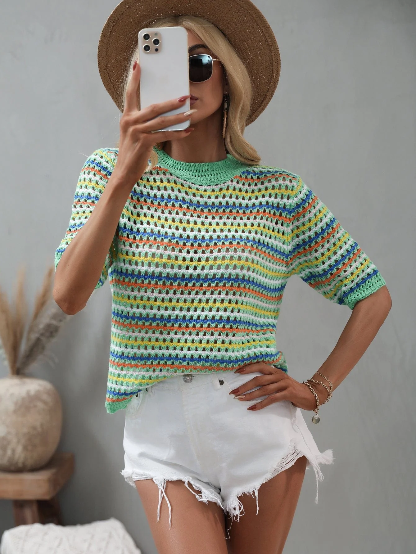 Multicolor Eyelet Knit Blouse - Image 27