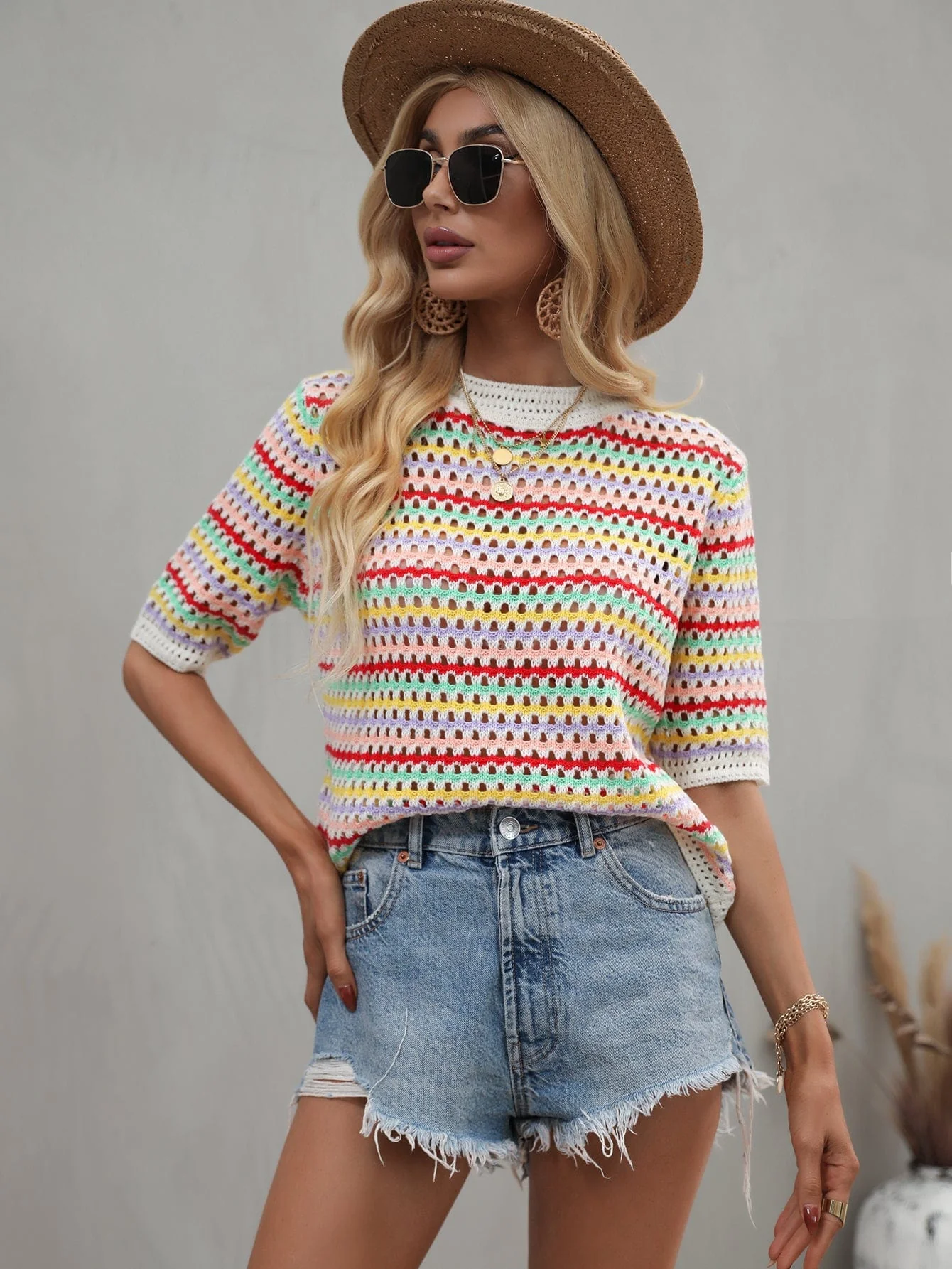 Multicolor Eyelet Knit Blouse - Image 3