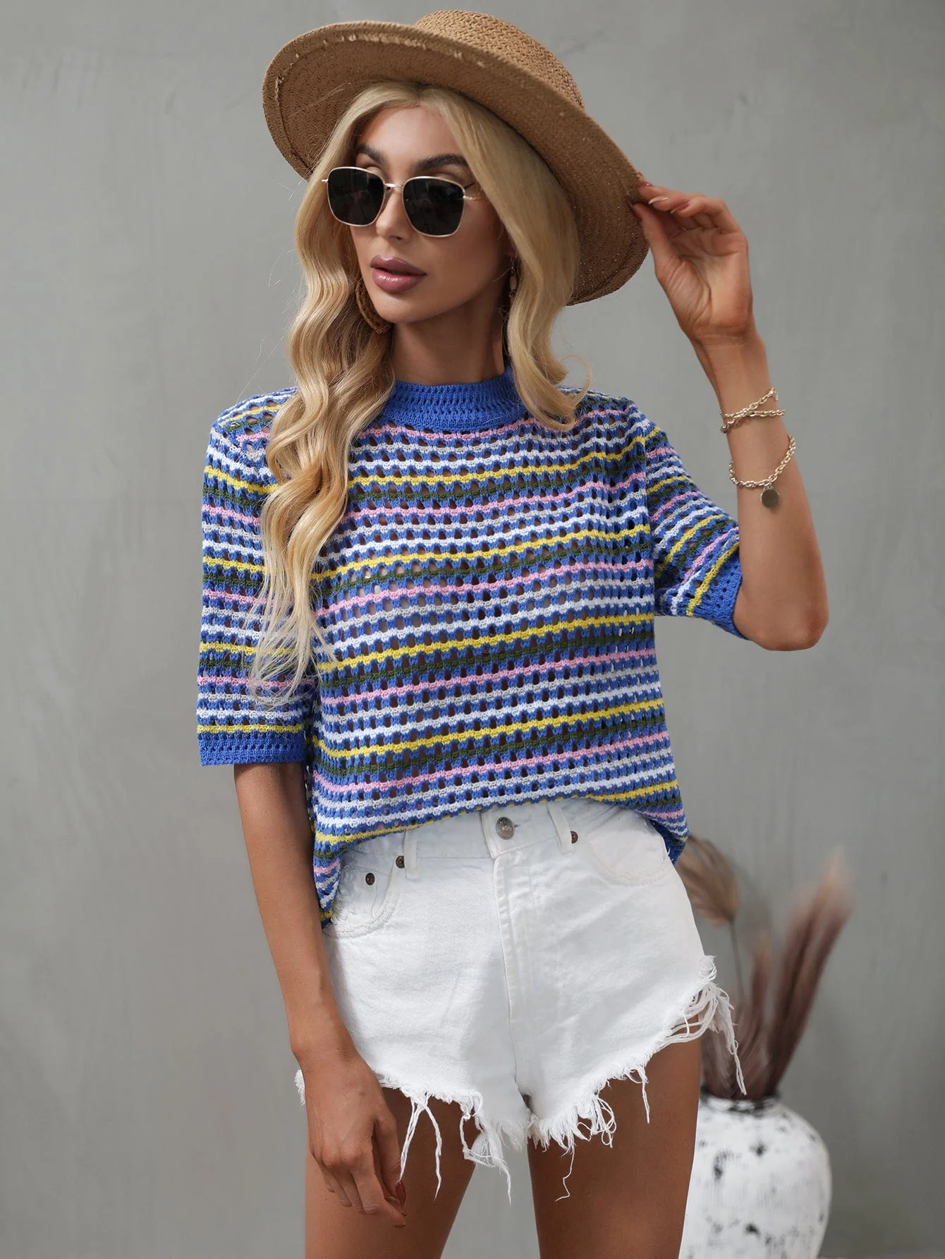 Multicolor Eyelet Knit Blouse - Image 34