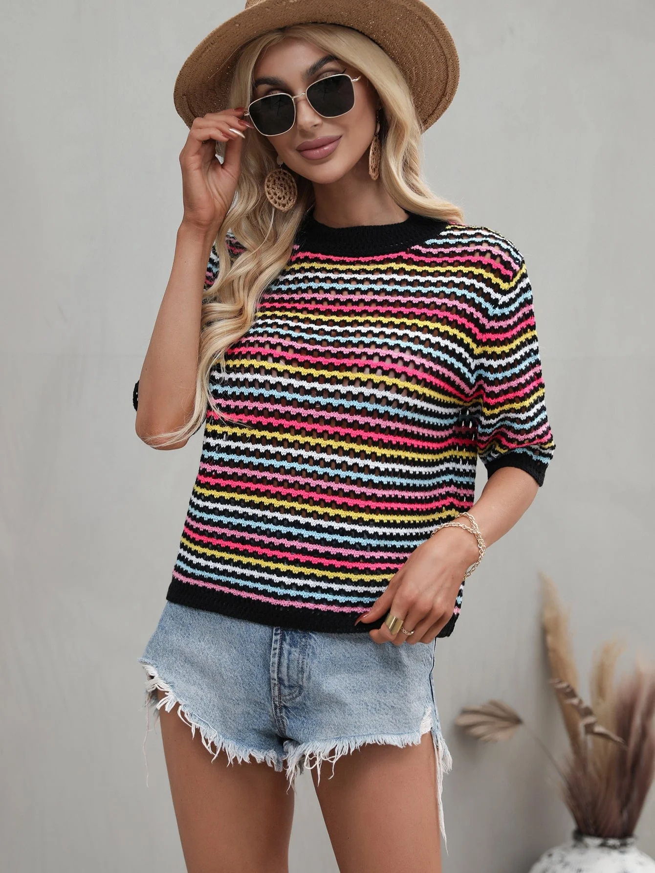 Multicolor Eyelet Knit Blouse - Image 36