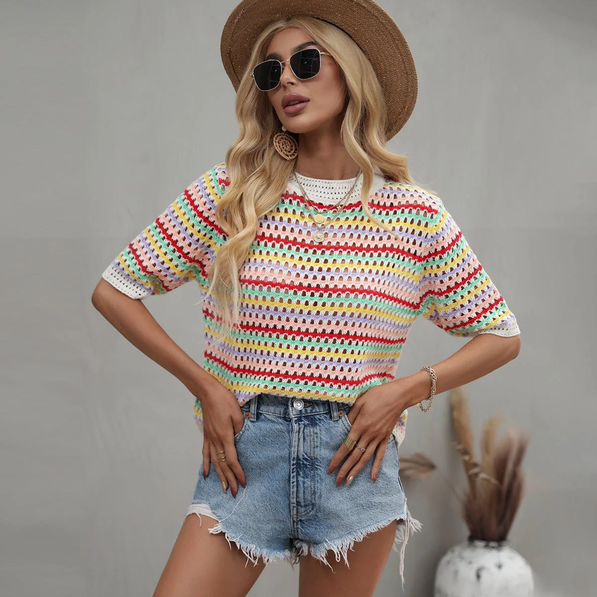 Multicolor Eyelet Knit Blouse - Image 6