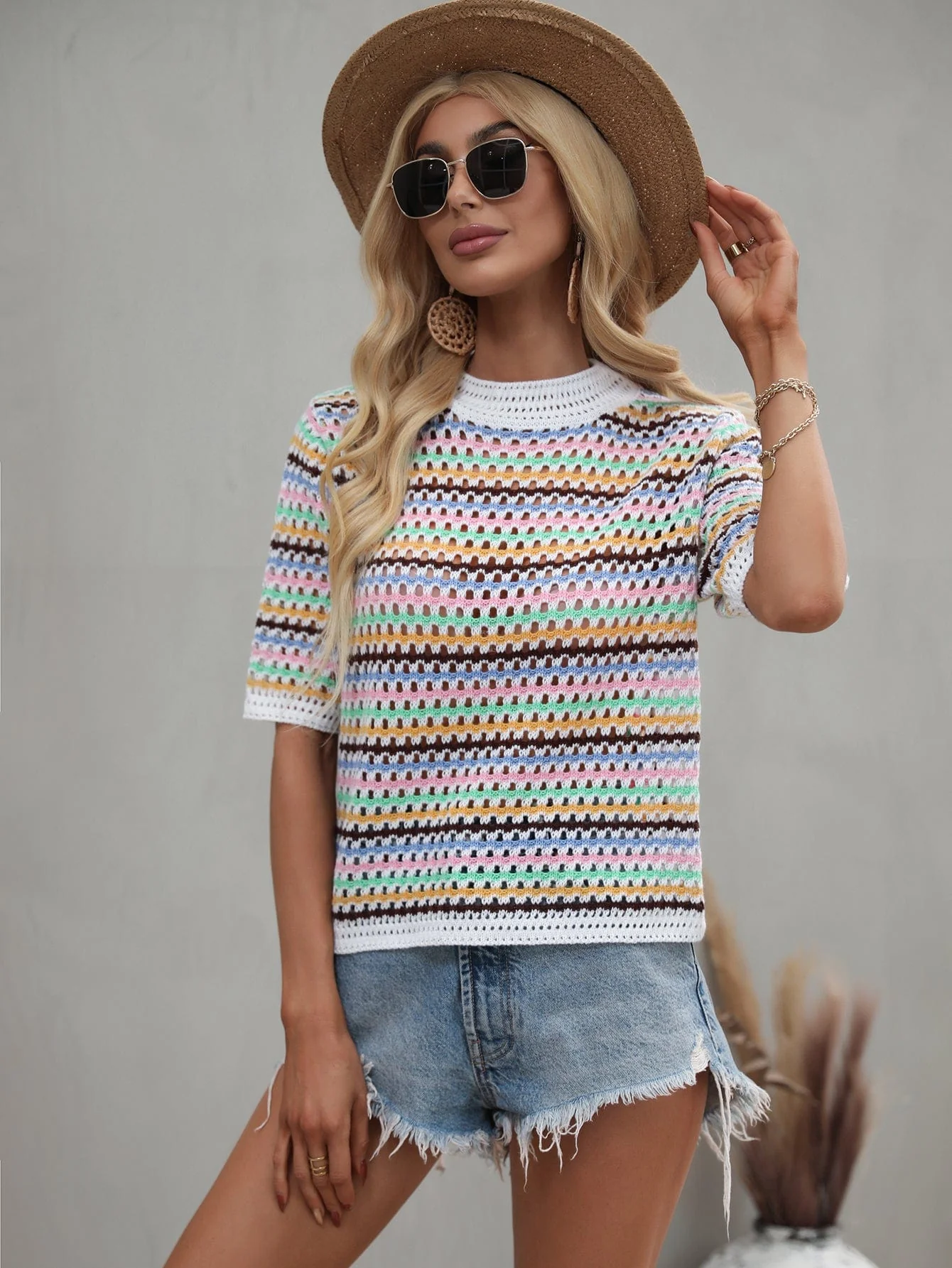Multicolor Eyelet Knit Blouse - Image 9