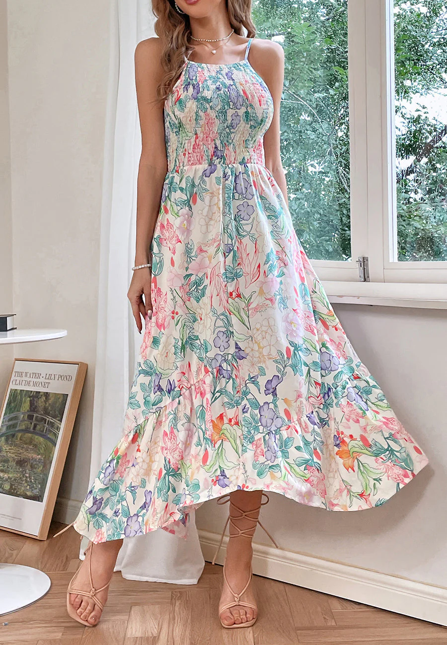 Multicolor Floral Print Halter Dress
