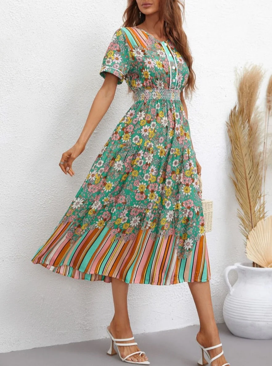Multicolor Floral Retro Print Dress