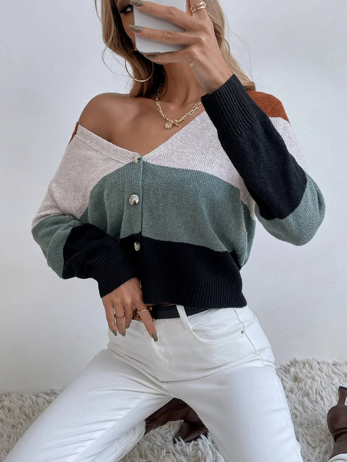 Multicolor Striped Casual Cardigan - Image 3