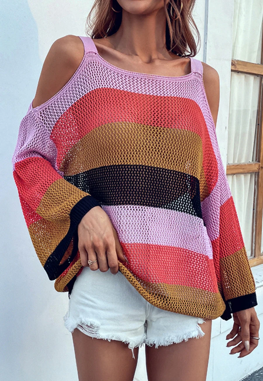 Multicolor Striped Cold Shoulder Sweater - Image 11