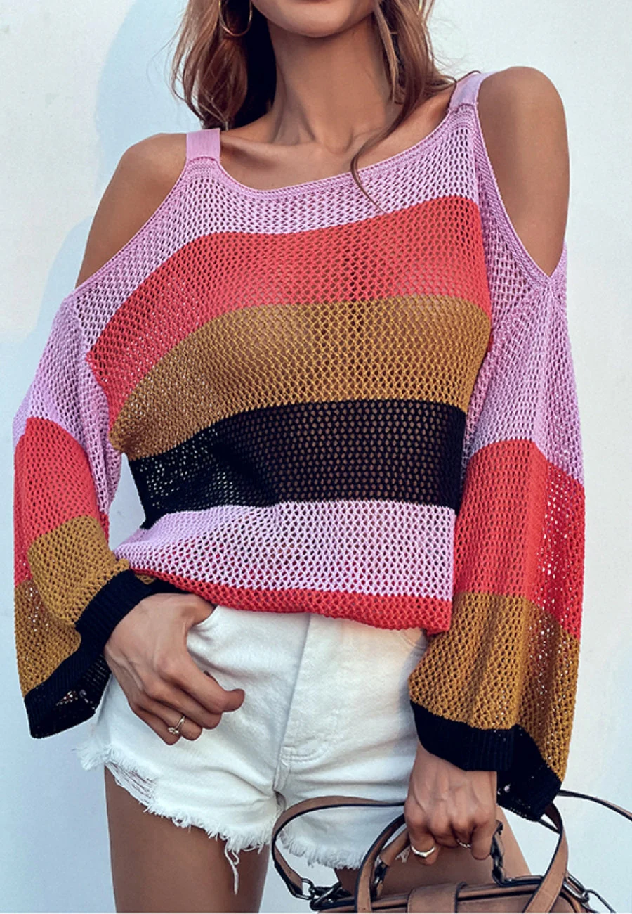 Multicolor Striped Cold Shoulder Sweater - Image 12