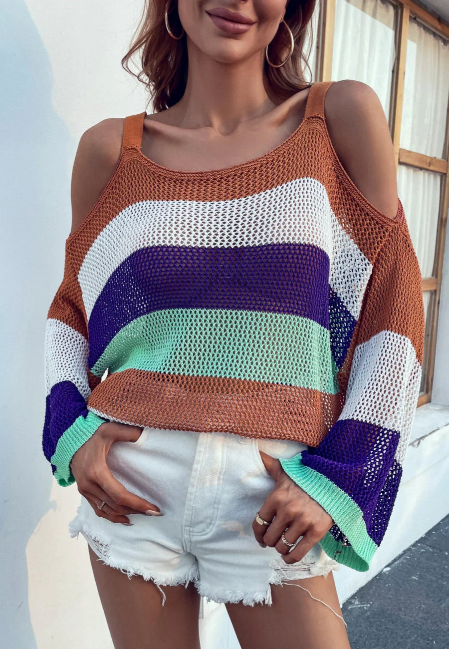 Multicolor Striped Cold Shoulder Sweater - Image 3
