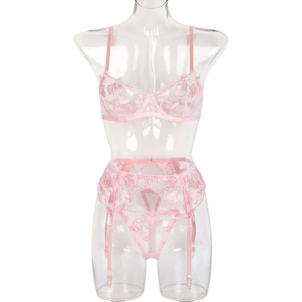 Pink Heart Embroidery Lingerie Three Piece Set - Image 5