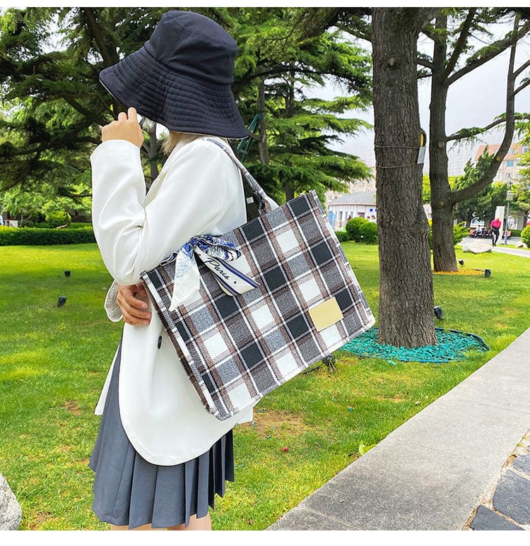 Plaid Handbag with Ribbon - Image 4
