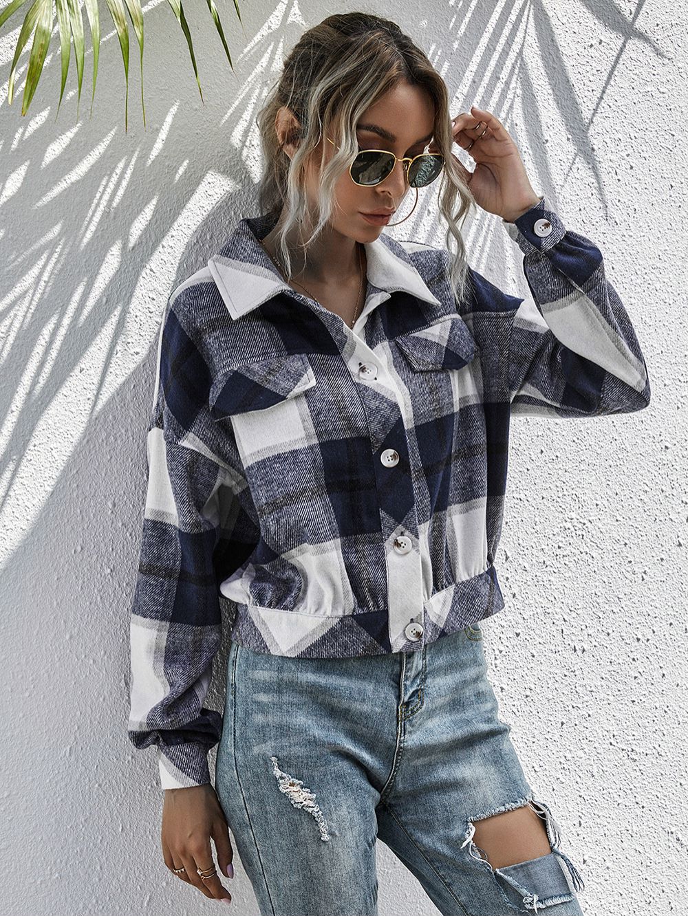 Plaid Print Drop Shoulder Jacket - Image 6