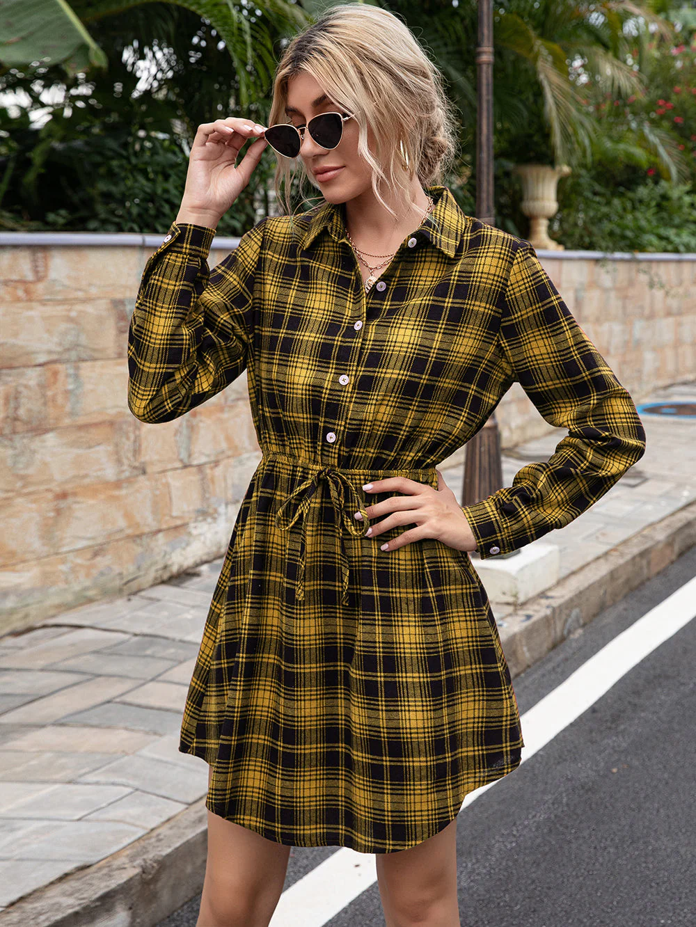 Plaid Print Tied Collar Romper - Image 12