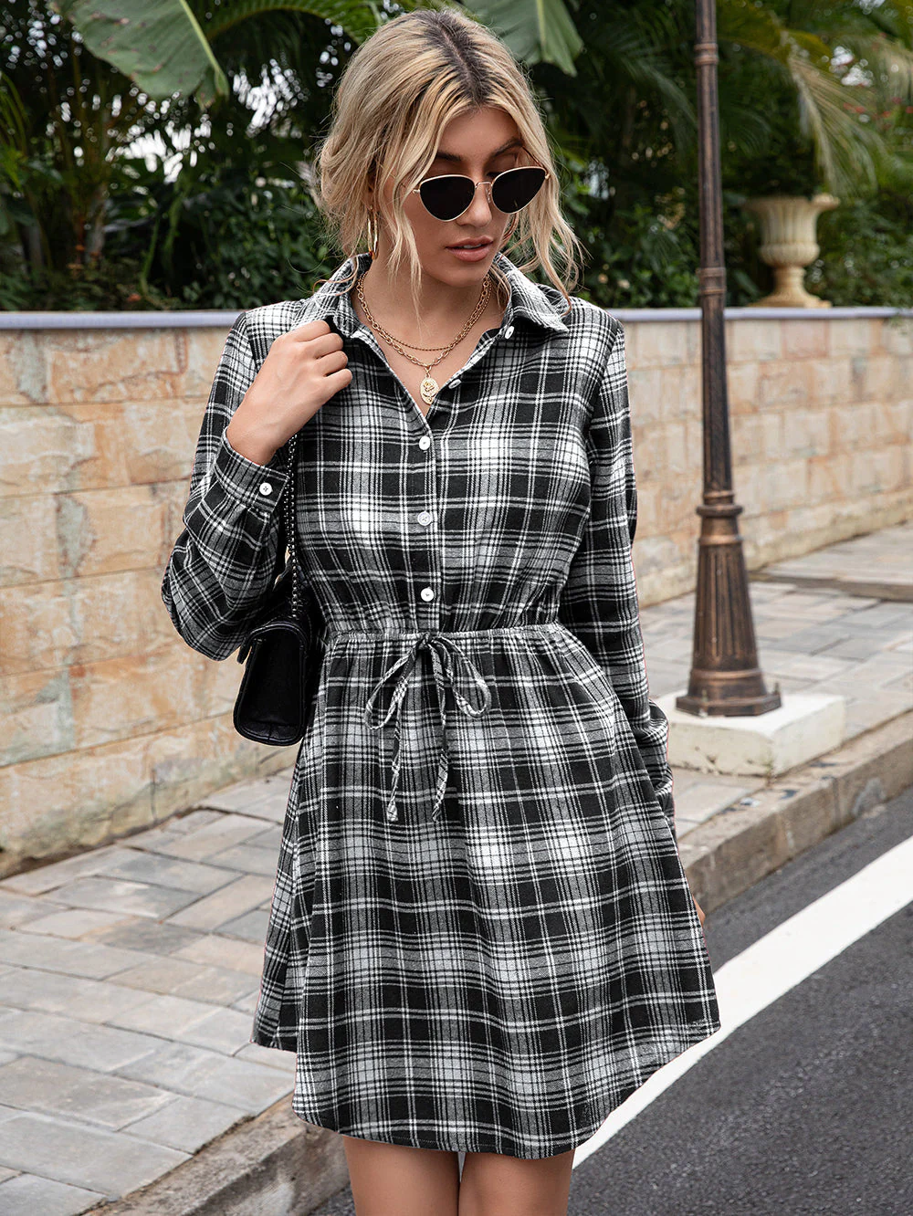 Plaid Print Tied Collar Romper - Image 2