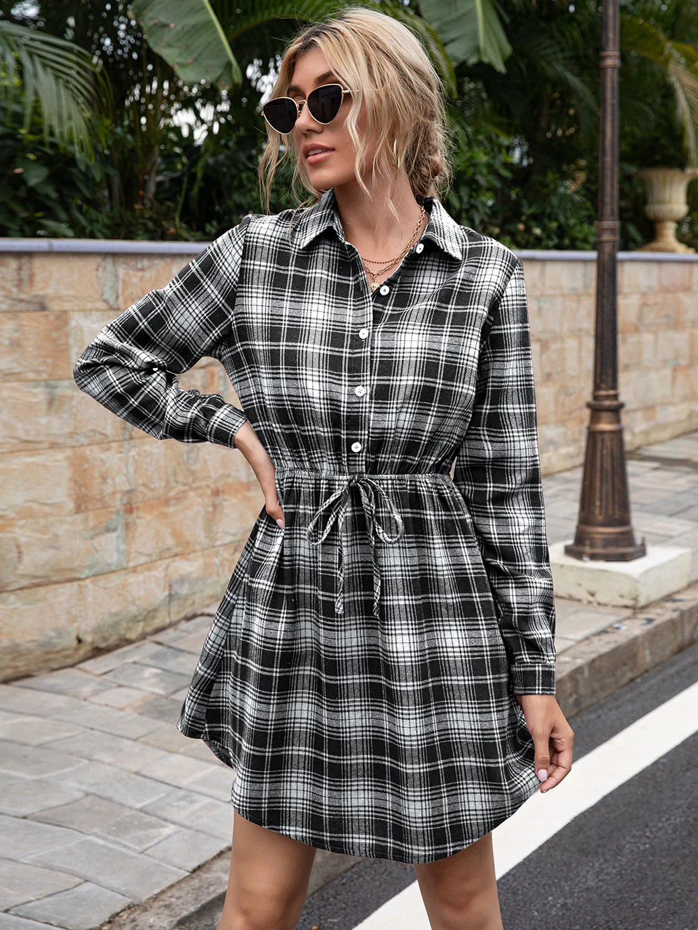 Plaid Print Tied Collar Romper - Image 3