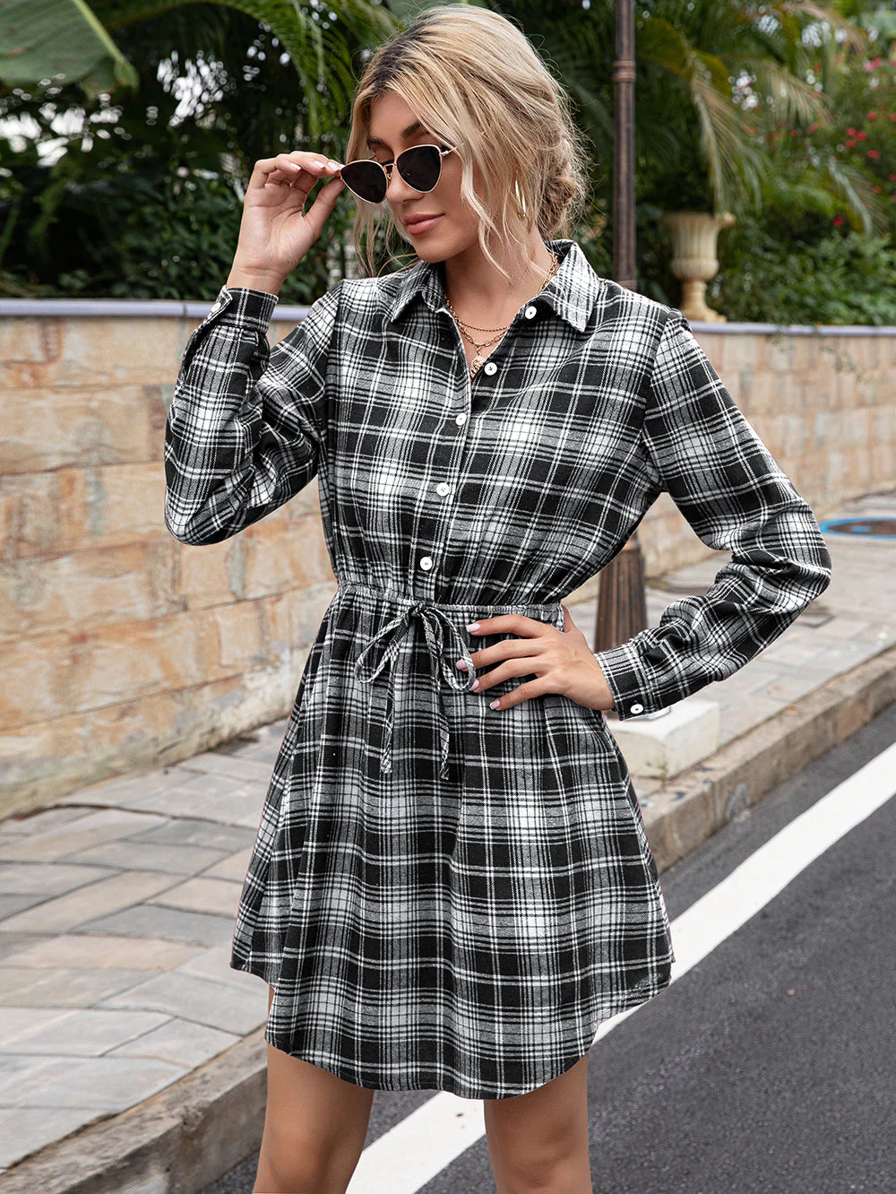 Plaid Print Tied Collar Romper - Image 4