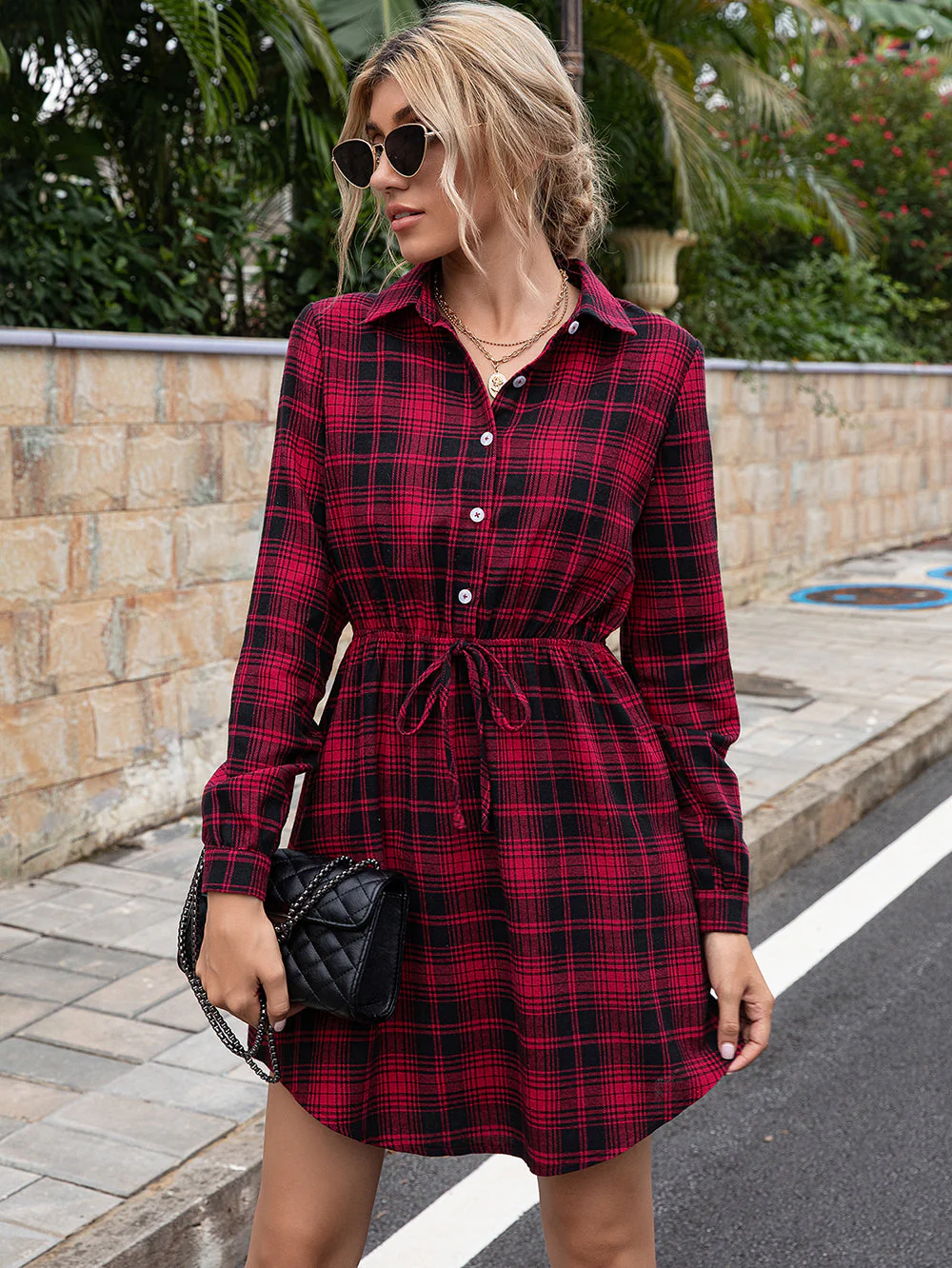 Plaid Print Tied Collar Romper - Image 6