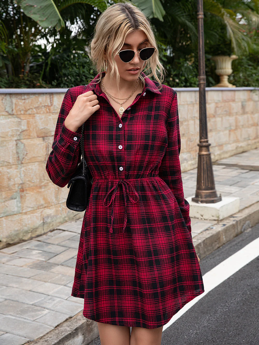 Plaid Print Tied Collar Romper - Image 7