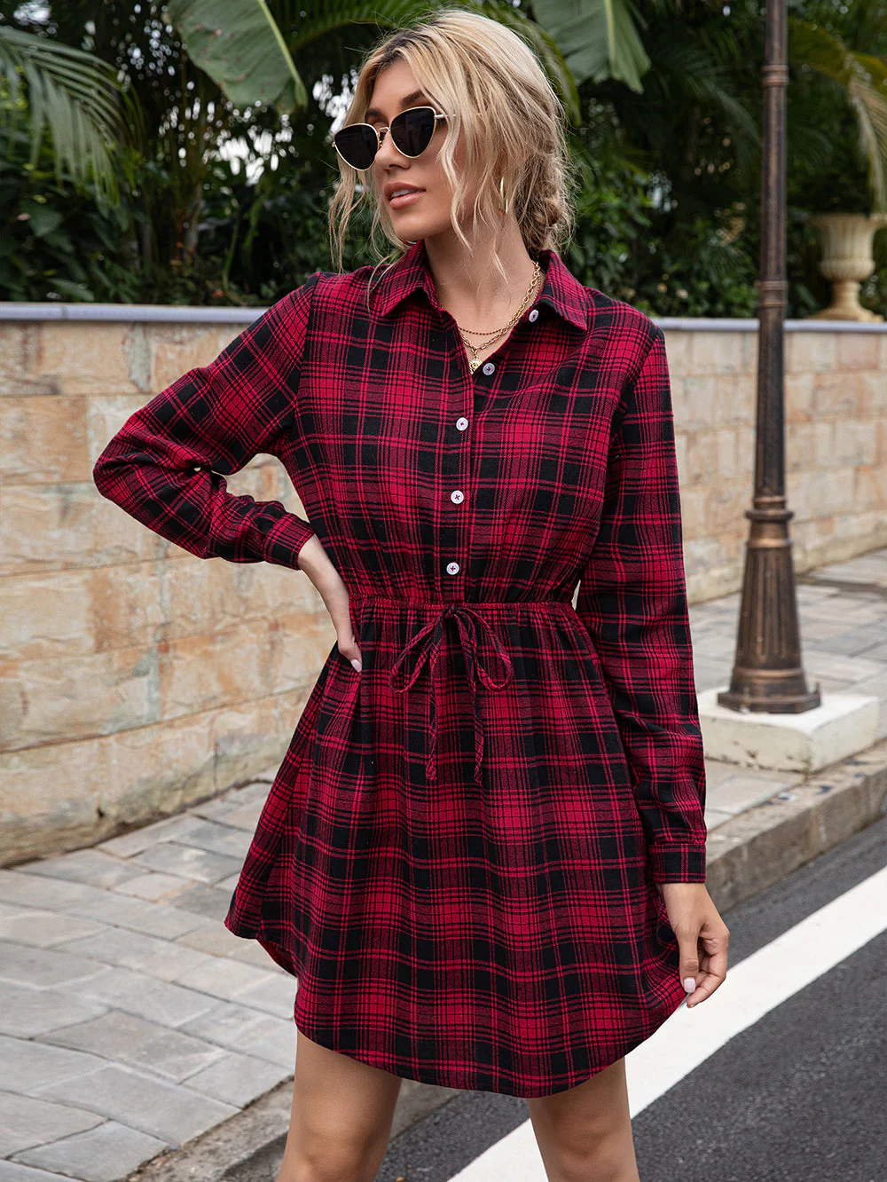 Plaid Print Tied Collar Romper - Image 8