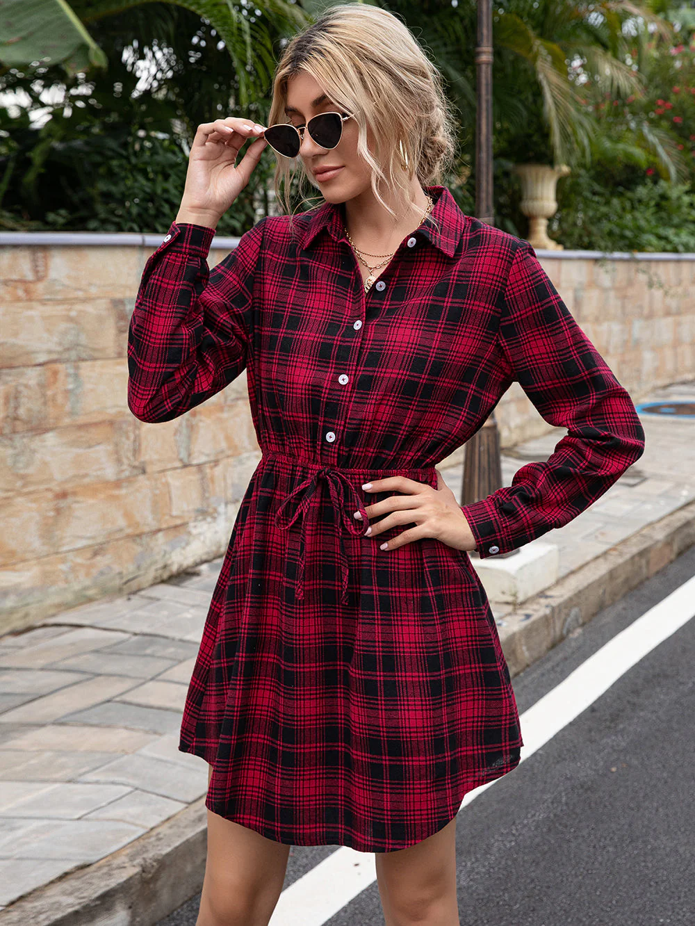 Plaid Print Tied Collar Romper - Image 9