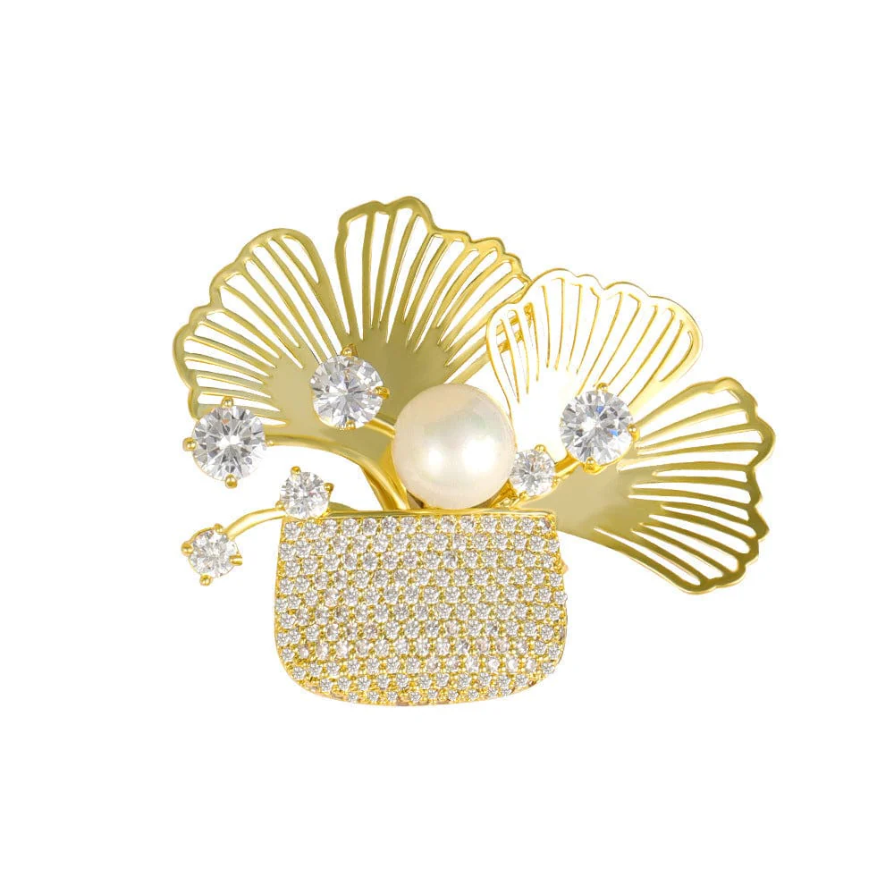 Plant-Filled Pouch Brooch with Crystals and Pearl - Image 2