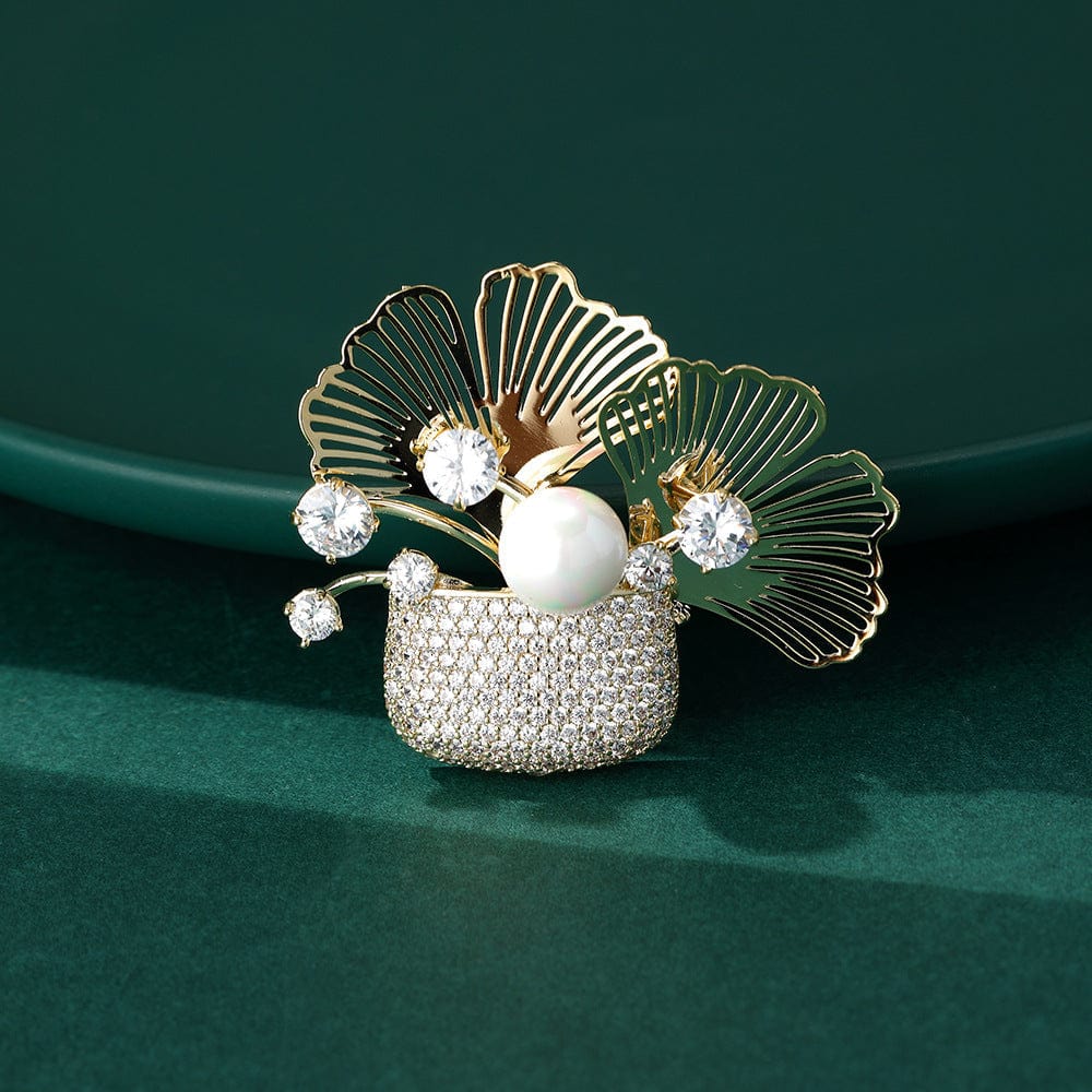 Plant-Filled Pouch Brooch with Crystals and Pearl - Image 3
