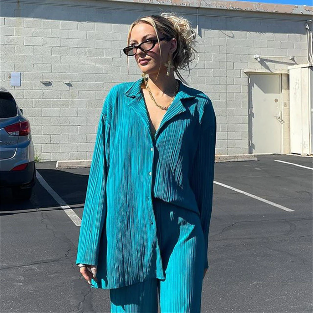 Pliss¨¦ Oversized Long Sleeve Button Down & Pant Set